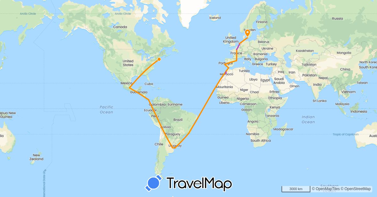 TravelMap itinerary: driving, train, hitchhiking in Argentina, Brazil, Denmark, Spain, France, Gibraltar, Morocco, Mexico, Netherlands, Panama, Portugal, United States, Uruguay (Africa, Europe, North America, South America)
