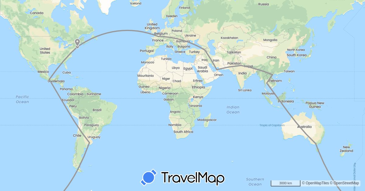TravelMap itinerary: driving, plane in United Arab Emirates, Armenia, Argentina, Australia, France, India, Mexico, Thailand, United States, Vietnam (Asia, Europe, North America, Oceania, South America)