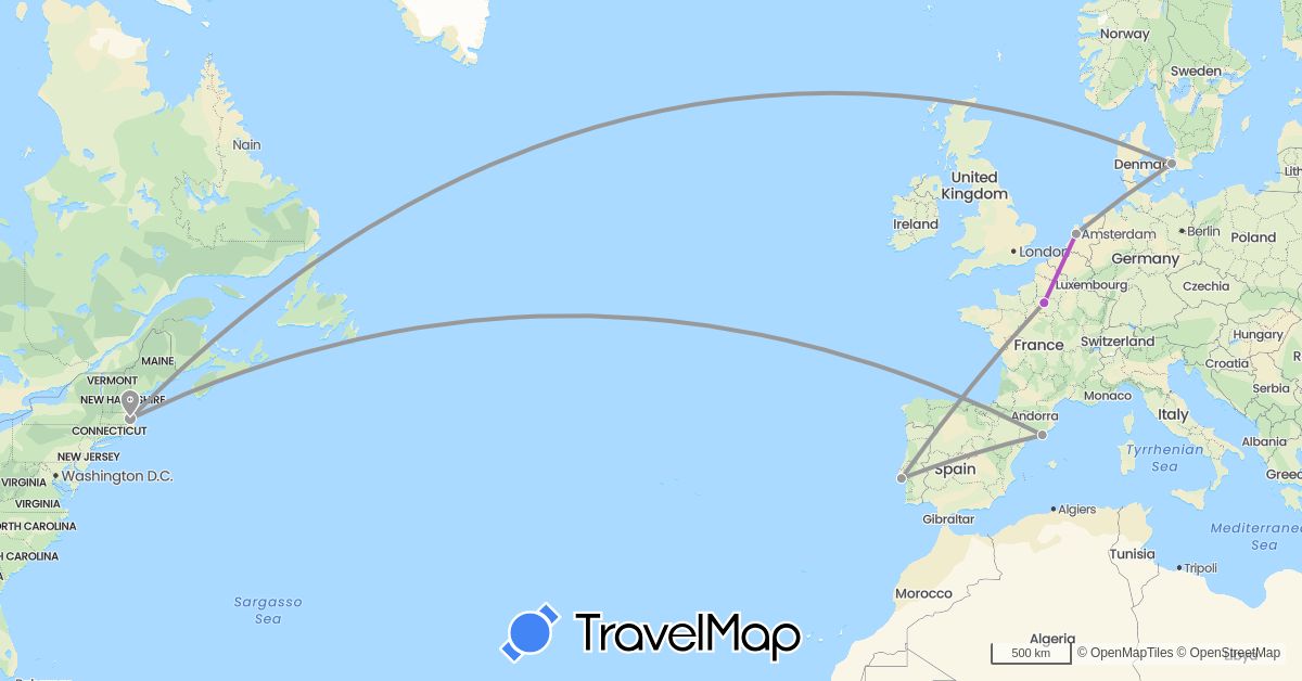 TravelMap itinerary: driving, plane, train in Denmark, Spain, France, Netherlands, Portugal, United States (Europe, North America)